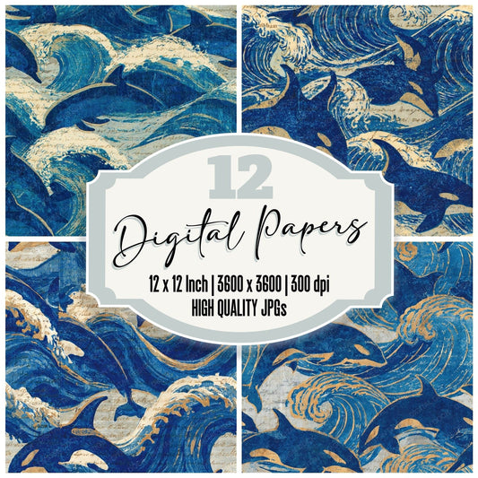 Woodblock Dolphin Cobalt Seamless Digital Paper Pack (DDD012567)