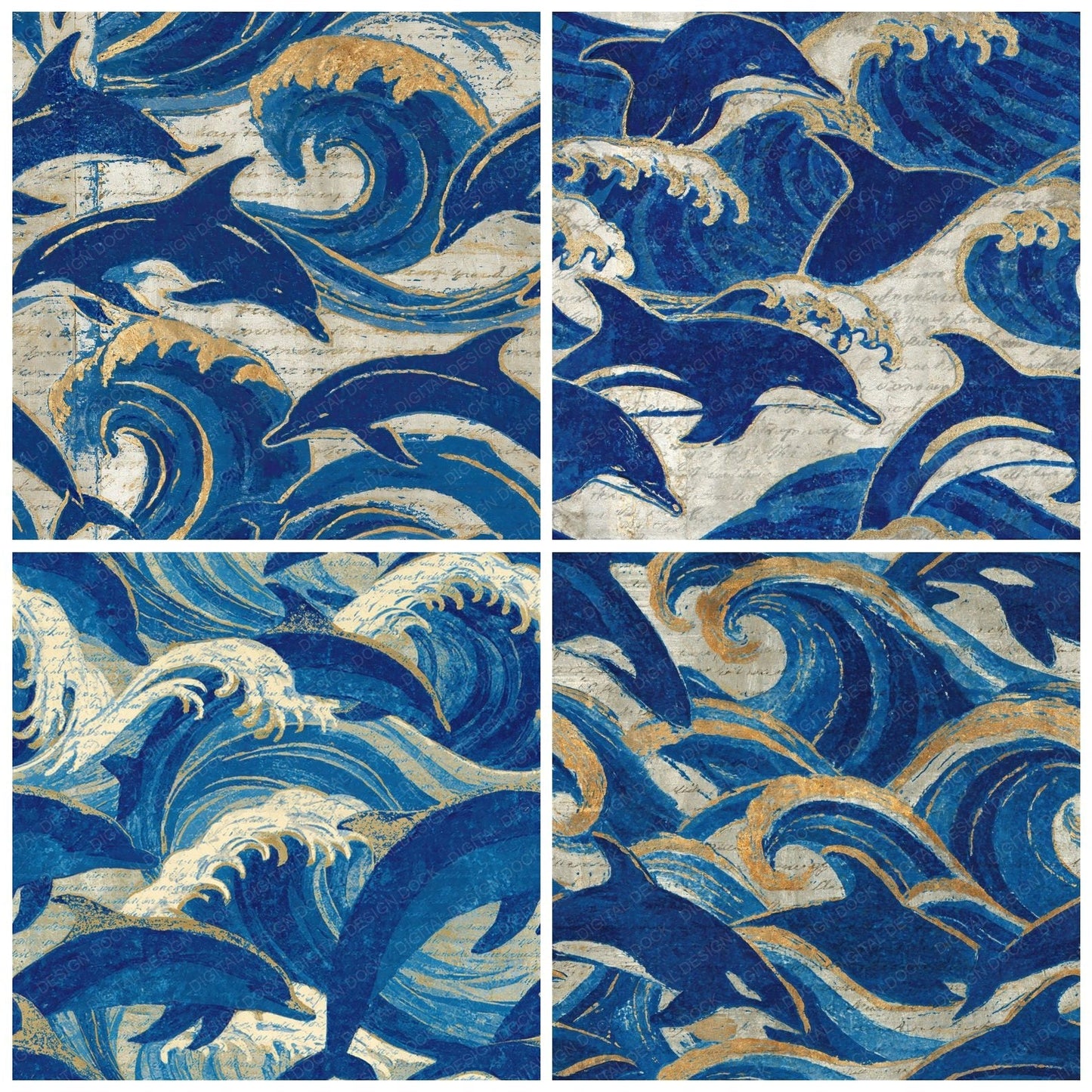 Woodblock Dolphin Cobalt Seamless Digital Paper Pack (DDD012567)
