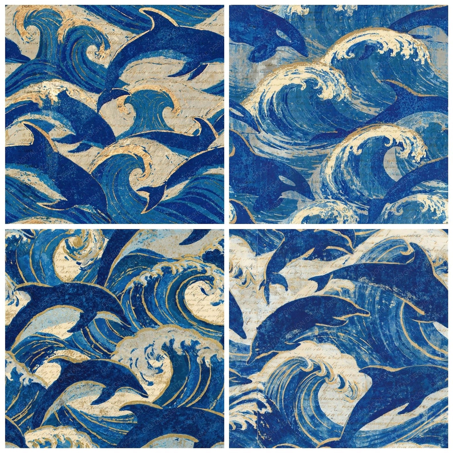Woodblock Dolphin Cobalt Seamless Digital Paper Pack (DDD012567)