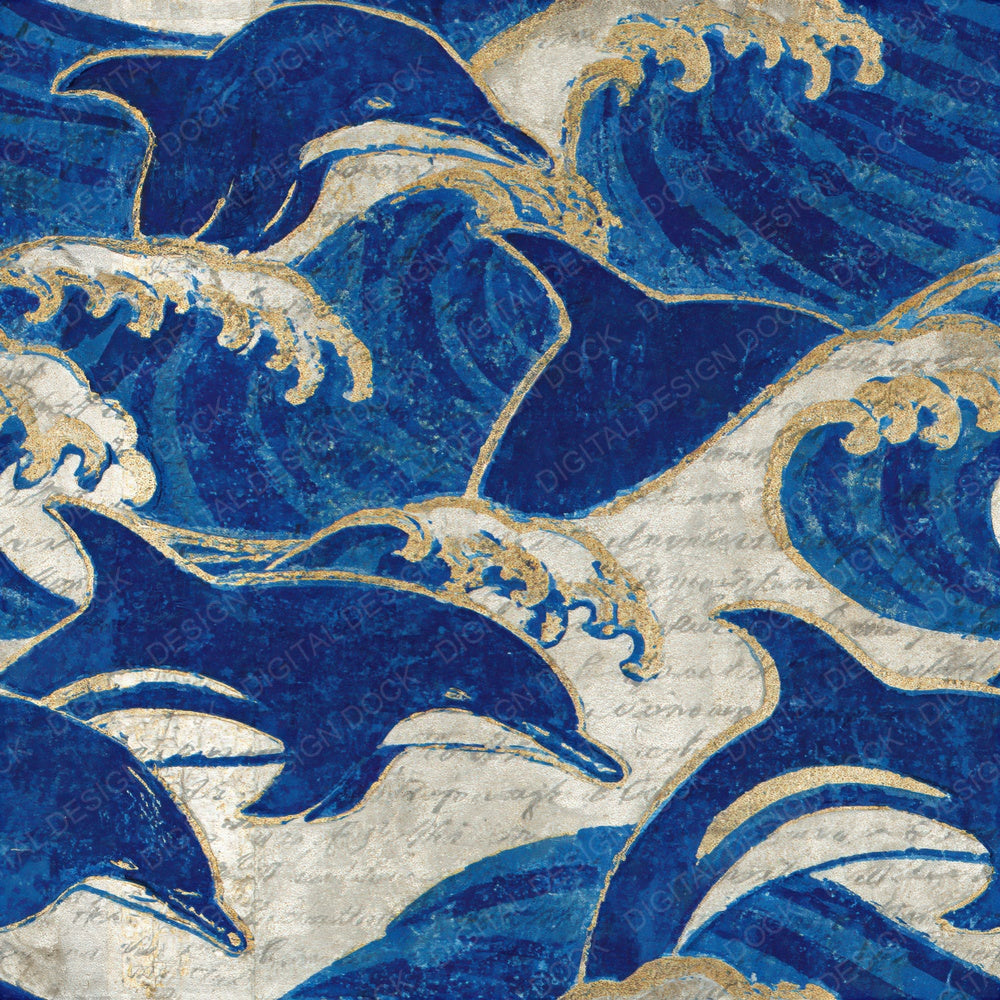 Woodblock Dolphin Cobalt Seamless Digital Paper Pack (DDD012567)