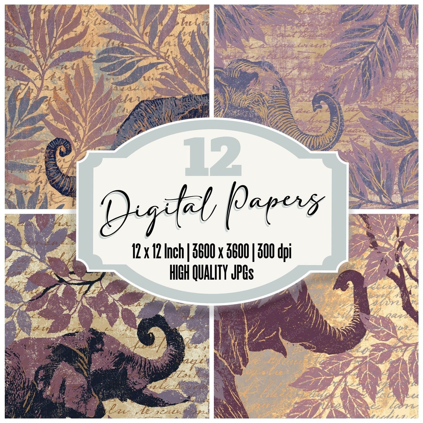 Woodblock Elephant Acacia Heather Digital Paper Pack (DDD012568)