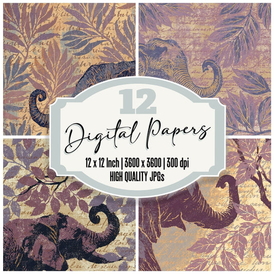 Woodblock Elephant Acacia Heather Digital Paper Pack (DDD012568)