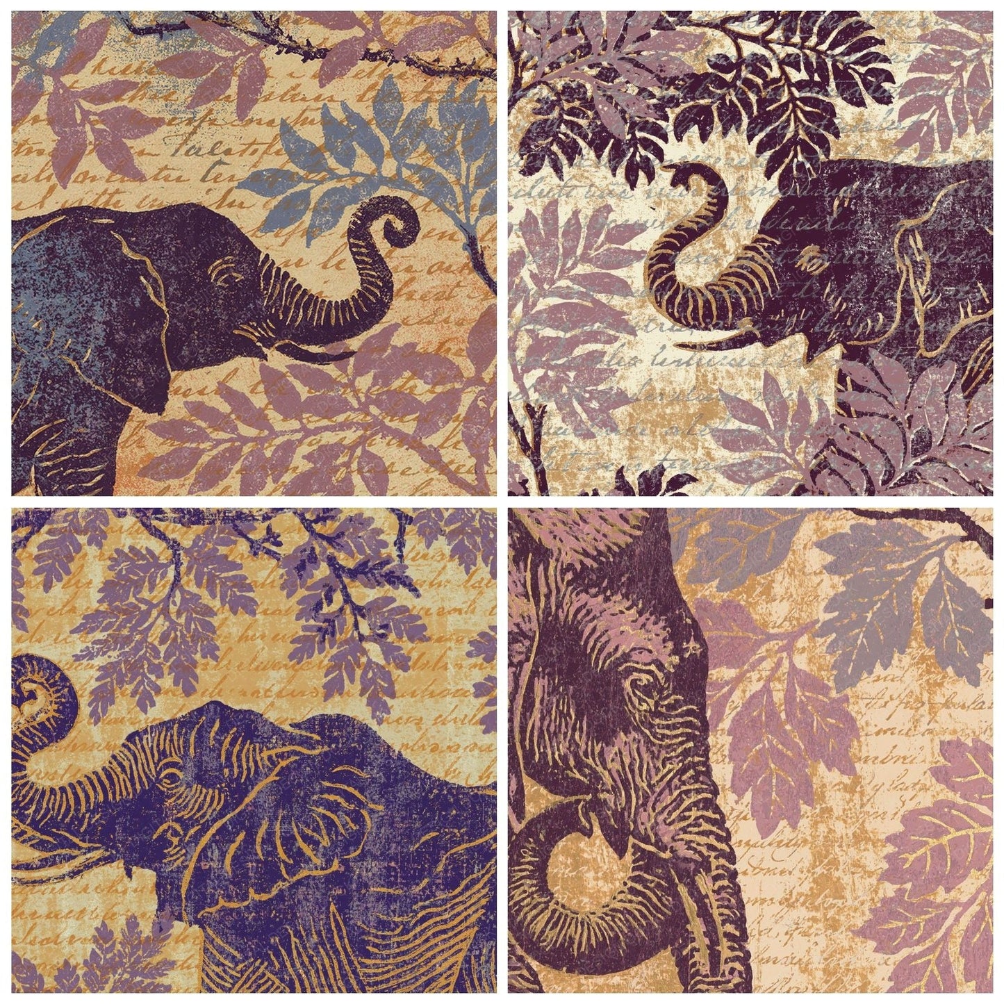 Woodblock Elephant Acacia Heather Digital Paper Pack (DDD012568)