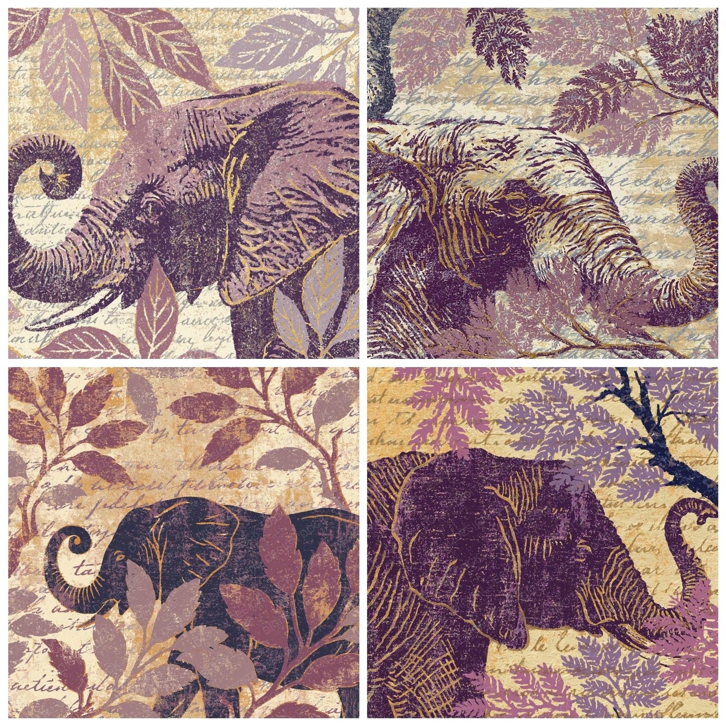 Woodblock Elephant Acacia Heather Digital Paper Pack (DDD012568)