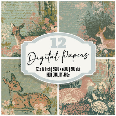 Woodblock Fawn Woodland Champagne Digital Paper Pack (DDD012569)