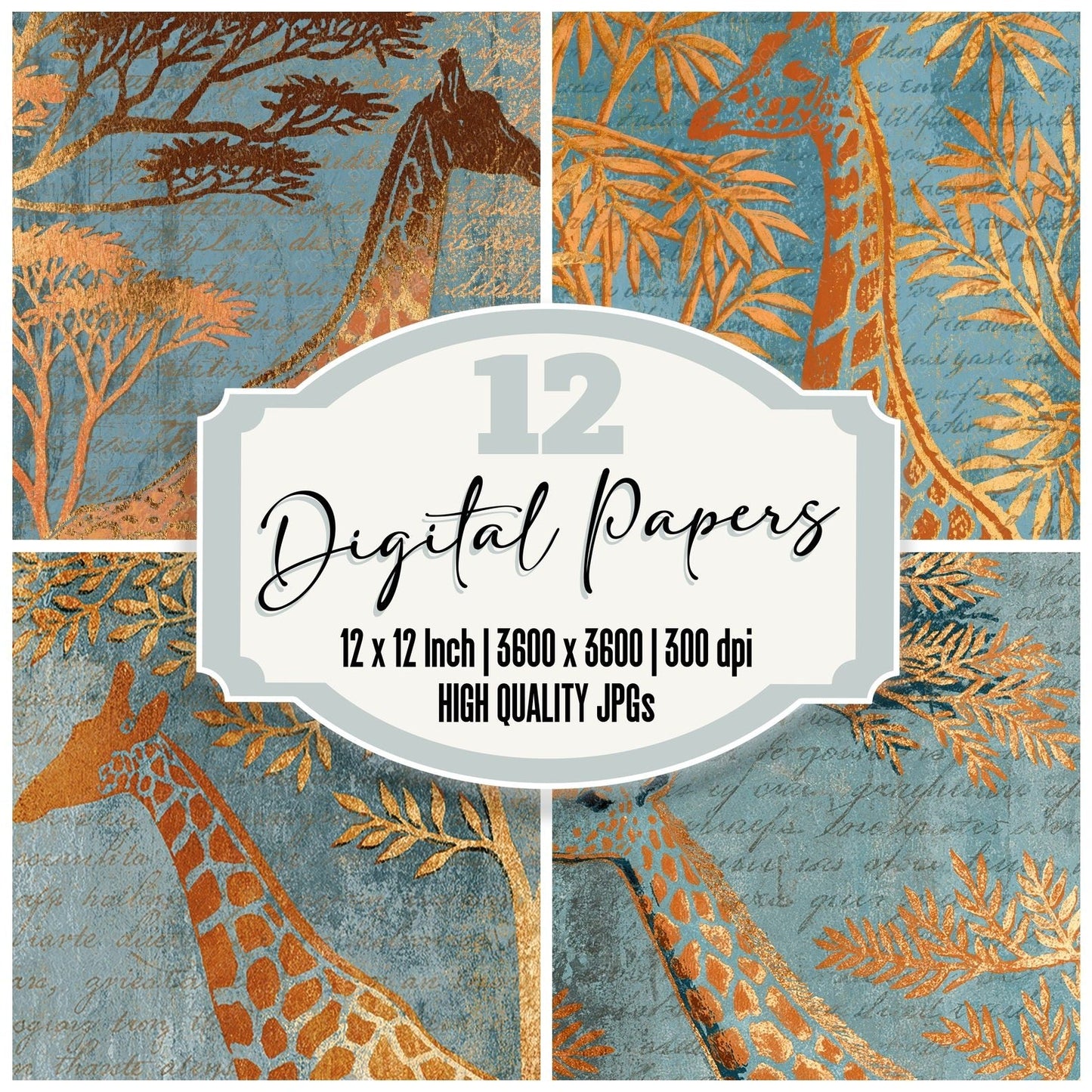 Woodblock Giraffe Acacia Apricot Digital Paper Pack (DDD012571)