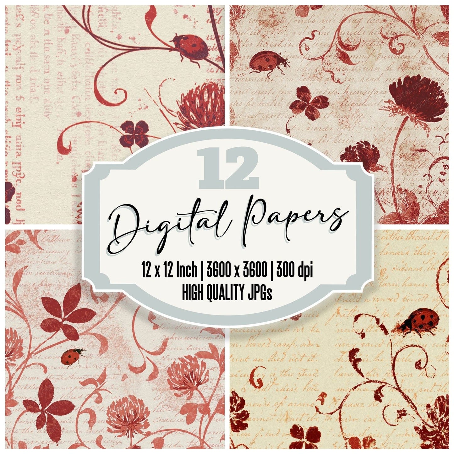 Woodblock Ladybird Clover Cherry Digital Paper Pack (DDD012572)