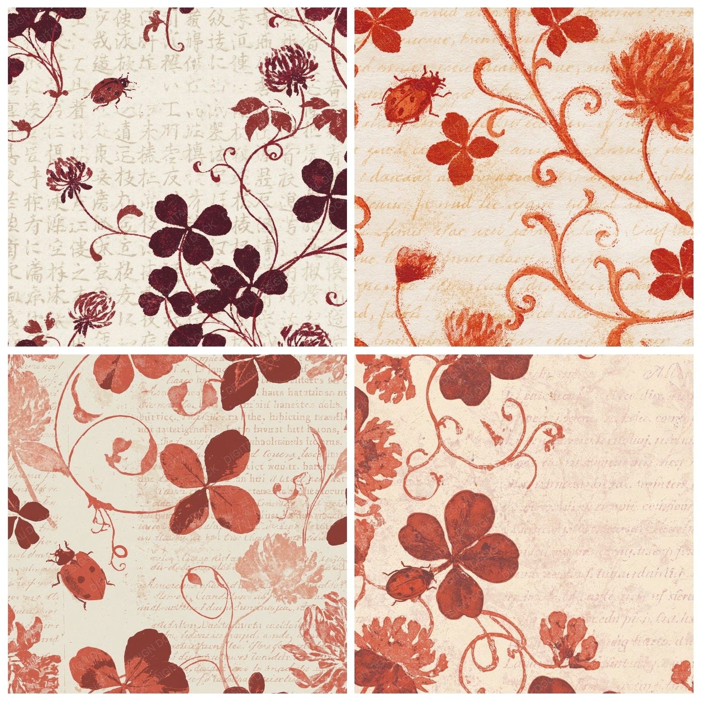 Woodblock Ladybird Clover Cherry Digital Paper Pack (DDD012572)