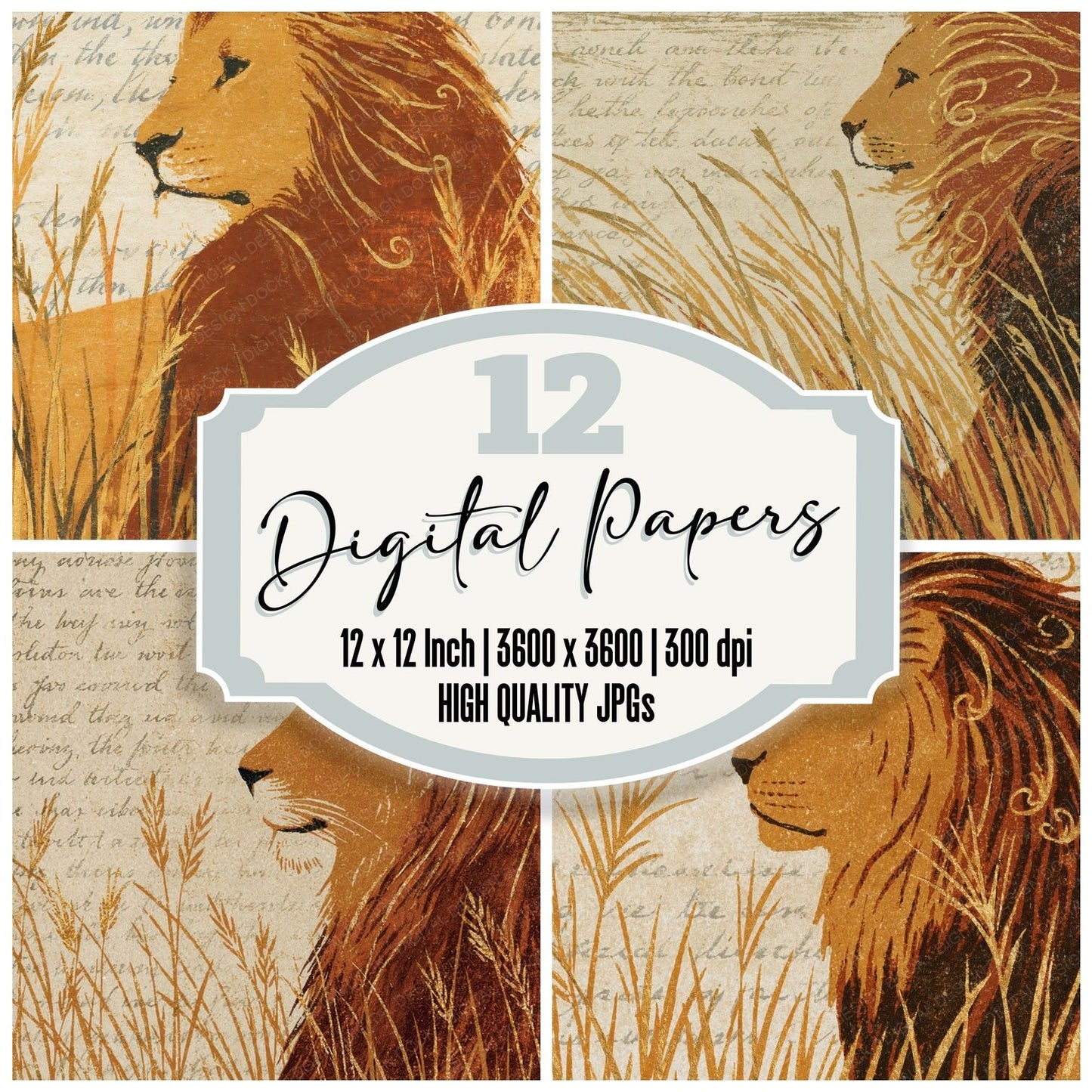 Woodblock Lion Savannah Honey Digital Paper Pack (DDD012573)
