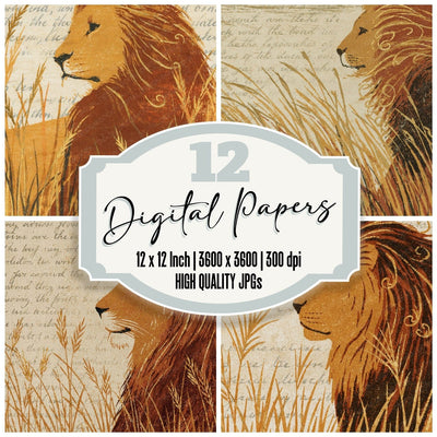 Woodblock Lion Savannah Honey Digital Paper Pack (DDD012573)