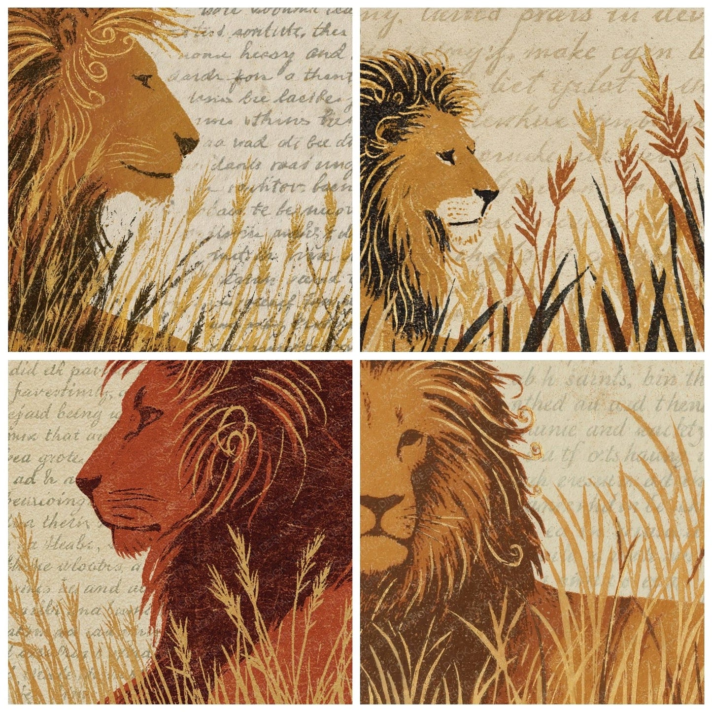 Woodblock Lion Savannah Honey Digital Paper Pack (DDD012573)