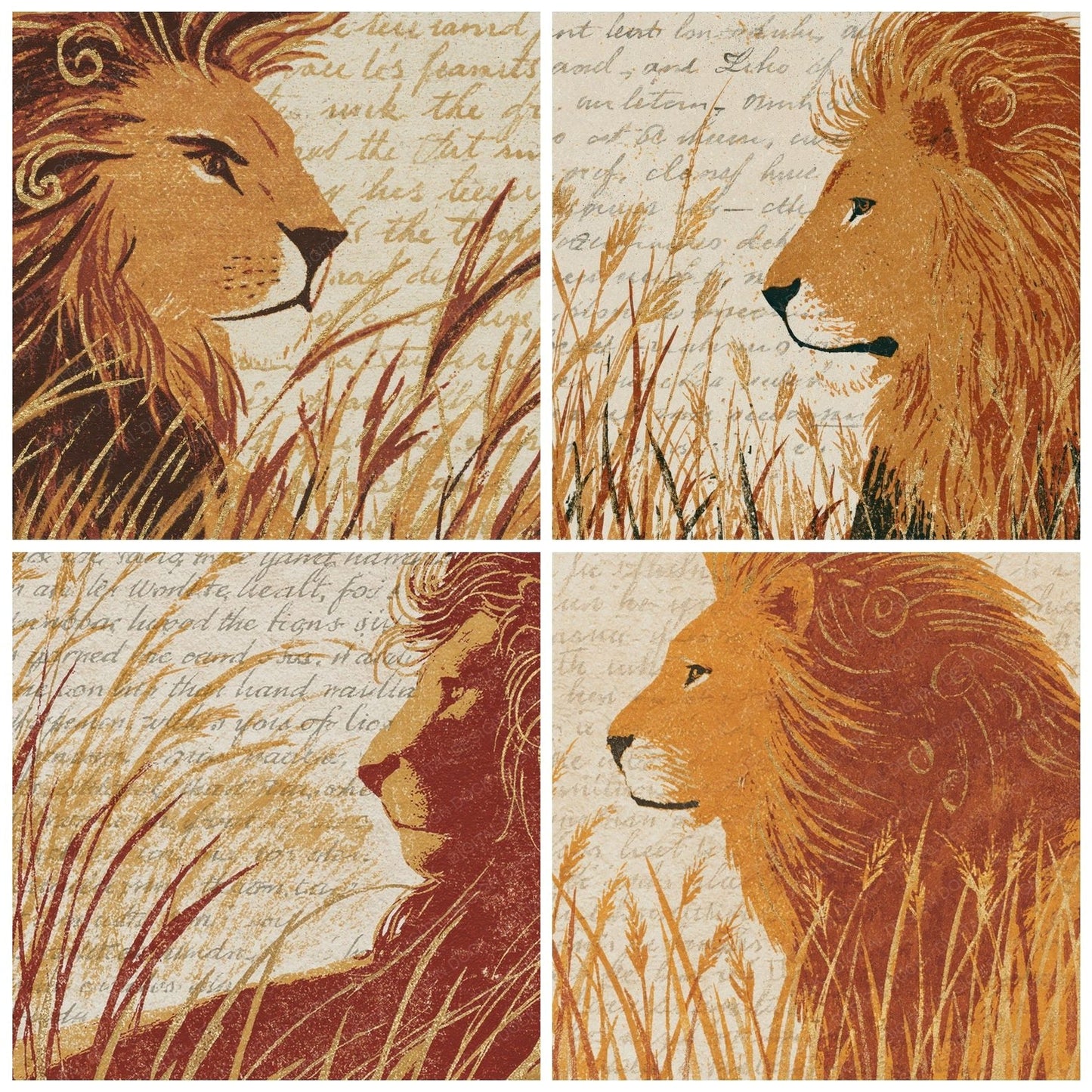 Woodblock Lion Savannah Honey Digital Paper Pack (DDD012573)