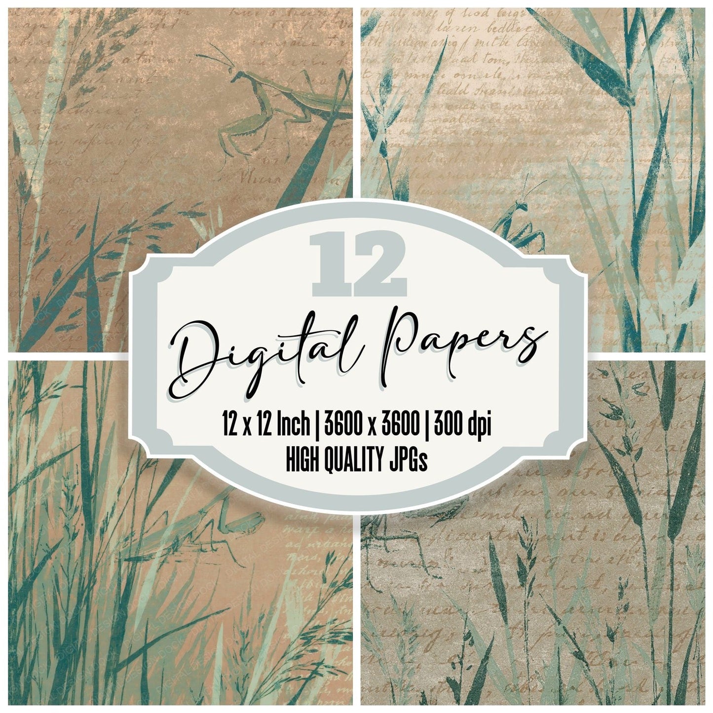 Woodblock Mantis Grass Celadon Digital Paper Pack (DDD012574)