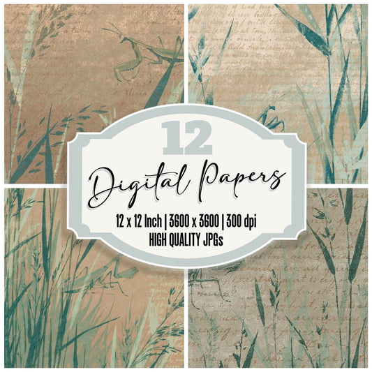 Woodblock Mantis Grass Celadon Digital Paper Pack (DDD012574)