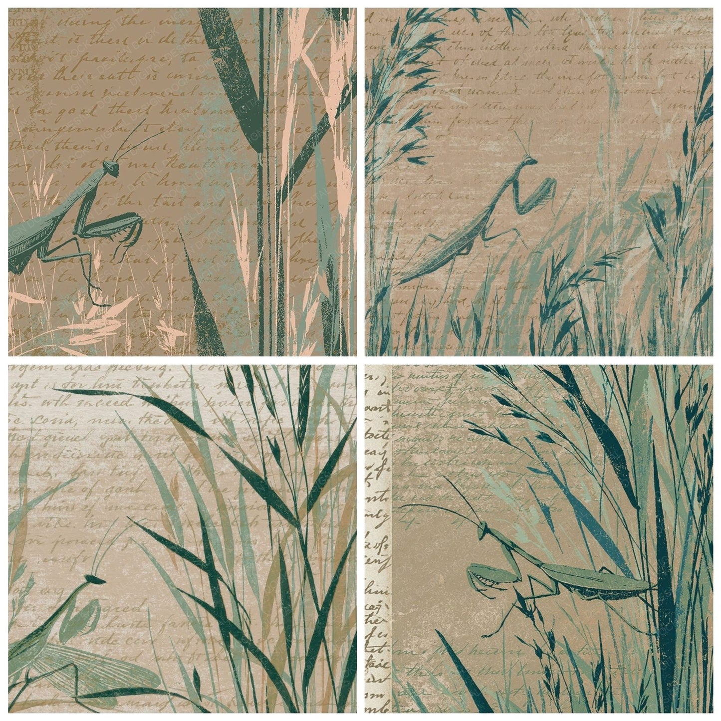 Woodblock Mantis Grass Celadon Digital Paper Pack (DDD012574)