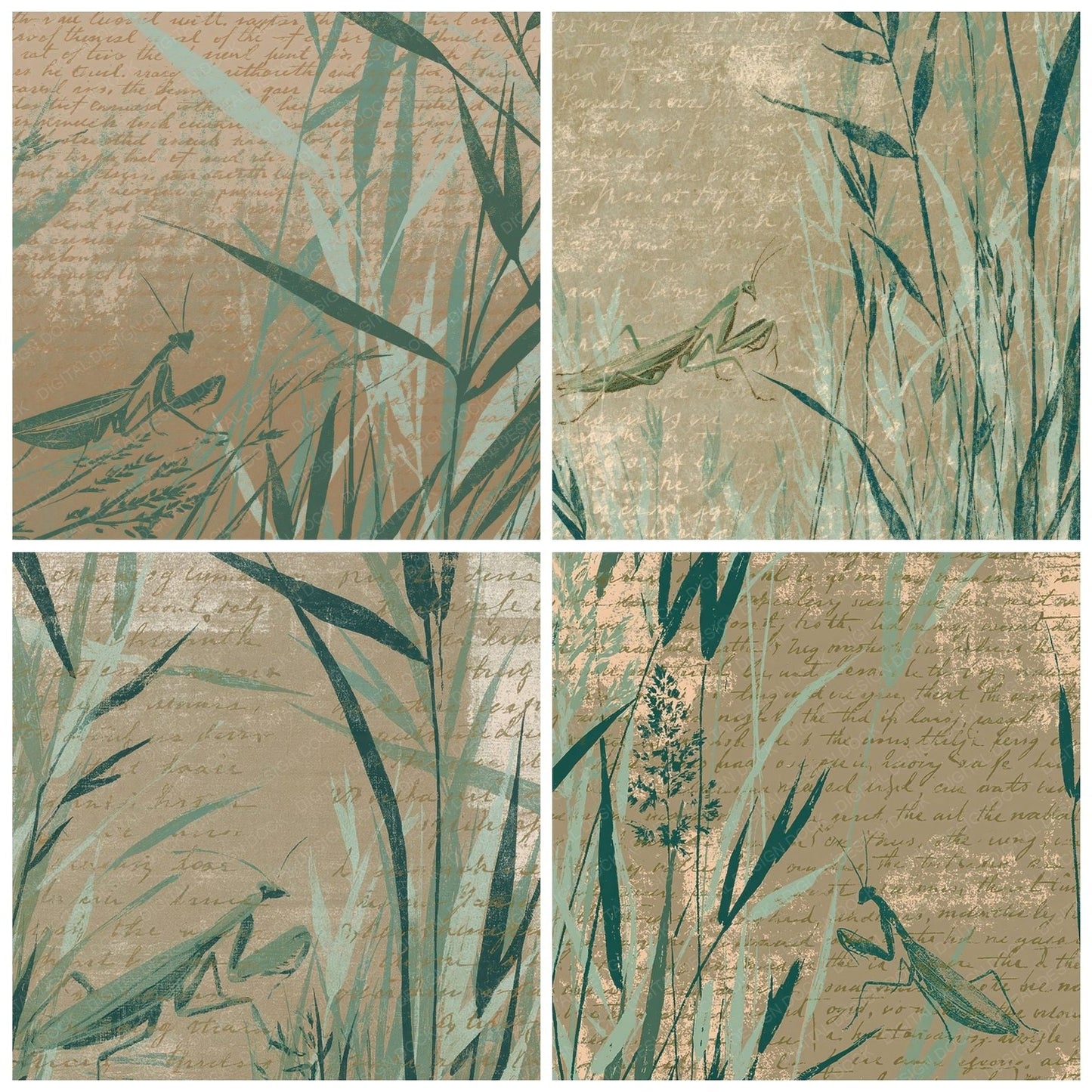 Woodblock Mantis Grass Celadon Digital Paper Pack (DDD012574)