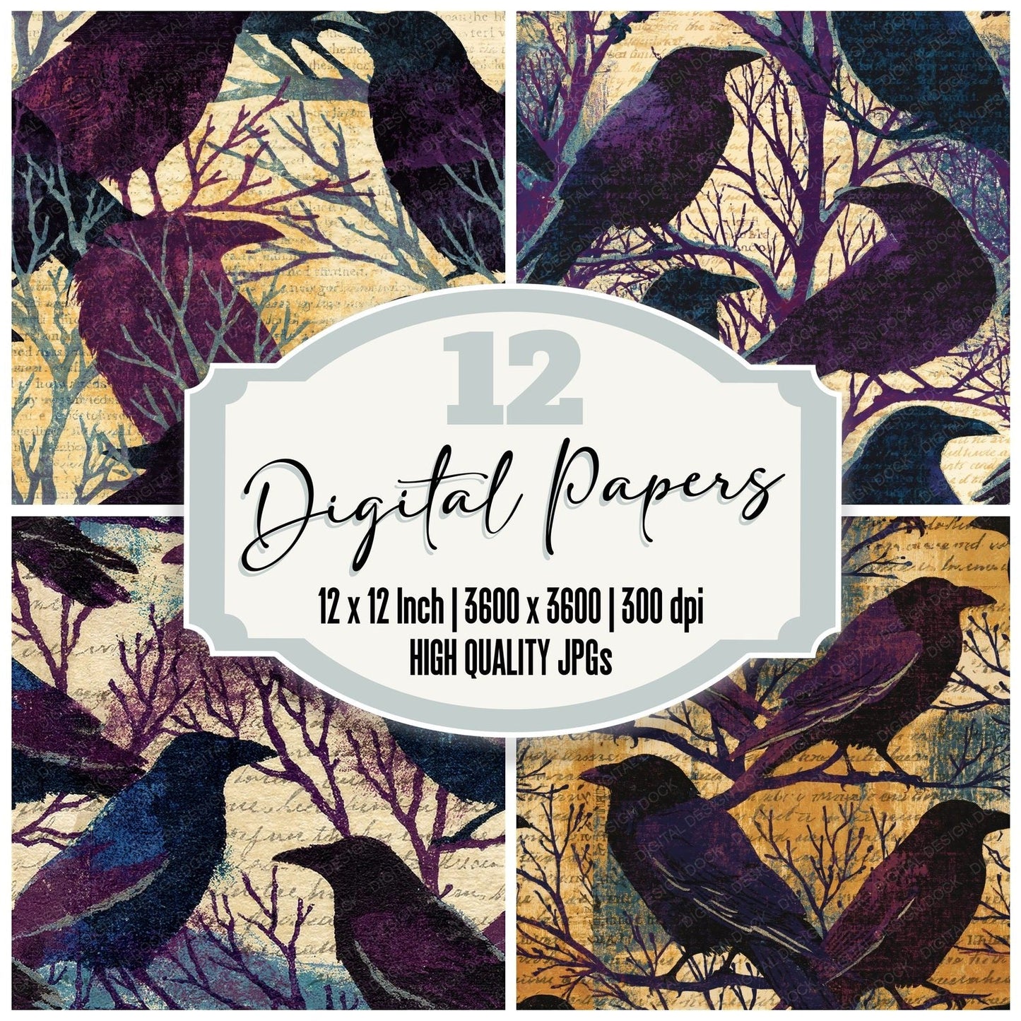 Woodblock Raven Branch Aubergine Seamless Digital Paper Pack (DDD012577)