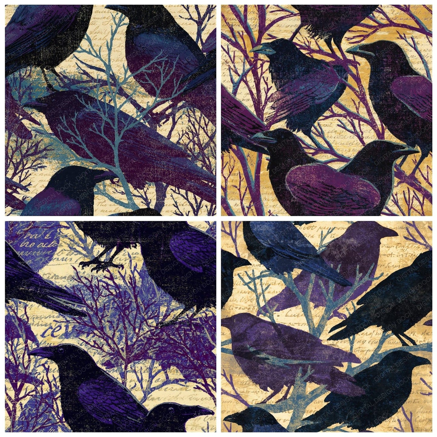Woodblock Raven Branch Aubergine Seamless Digital Paper Pack (DDD012577)
