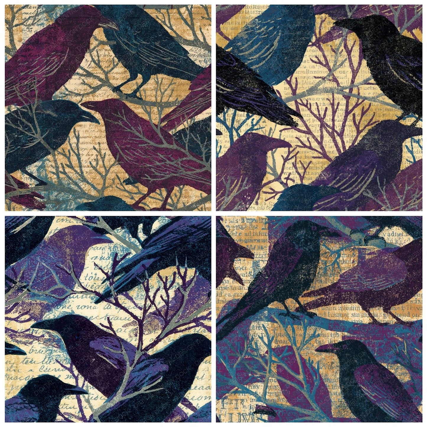 Woodblock Raven Branch Aubergine Seamless Digital Paper Pack (DDD012577)