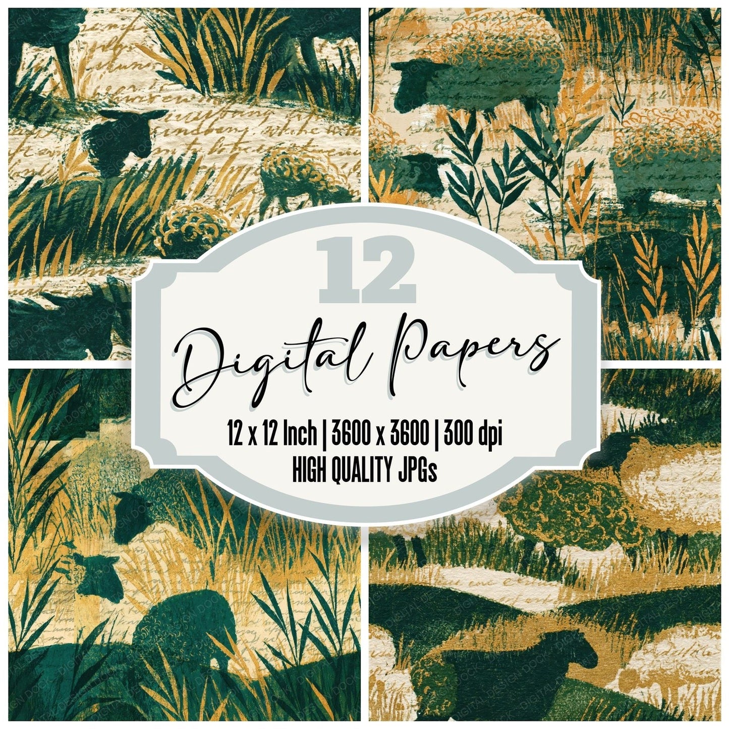 Woodblock Sheep Meadow Moss Seamless Digital Paper Pack (DDD012578)