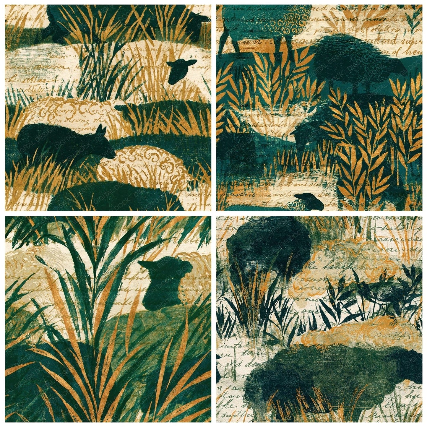 Woodblock Sheep Meadow Moss Seamless Digital Paper Pack (DDD012578)
