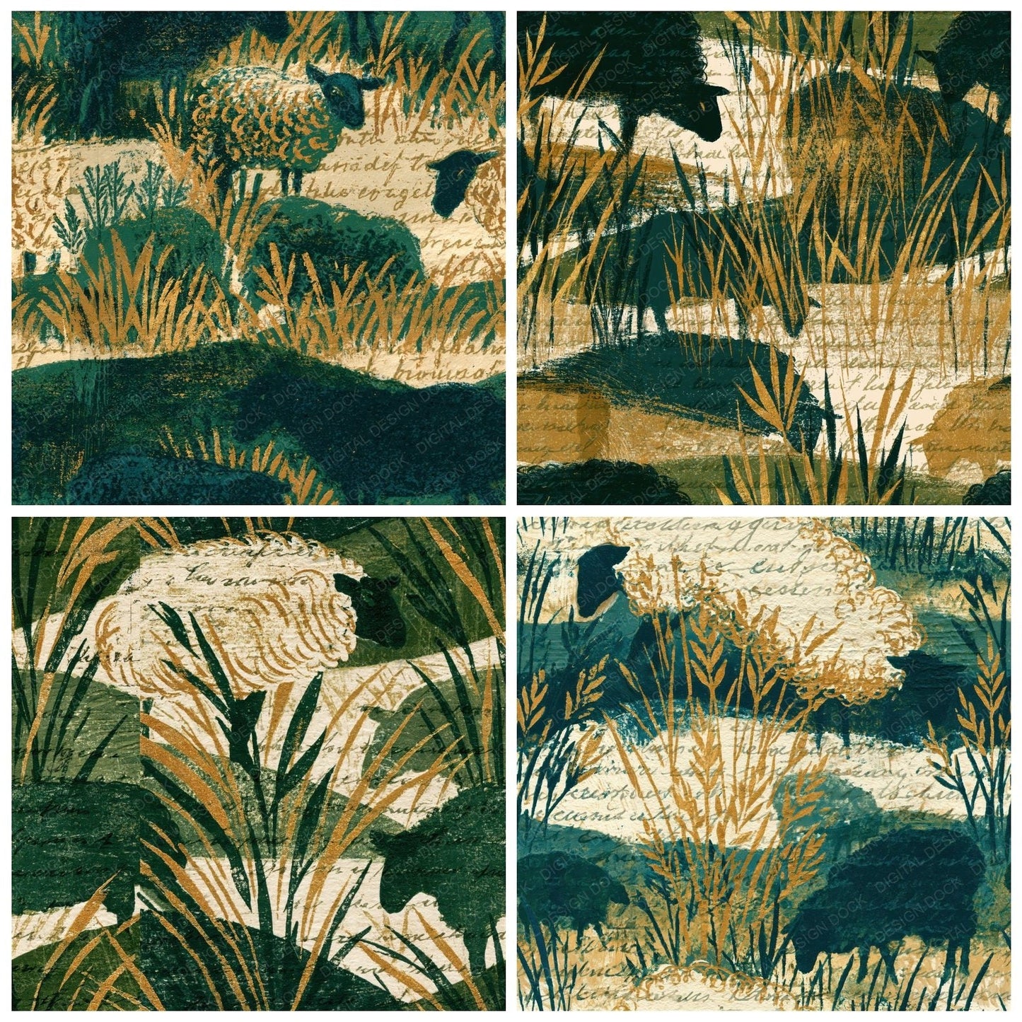 Woodblock Sheep Meadow Moss Seamless Digital Paper Pack (DDD012578)