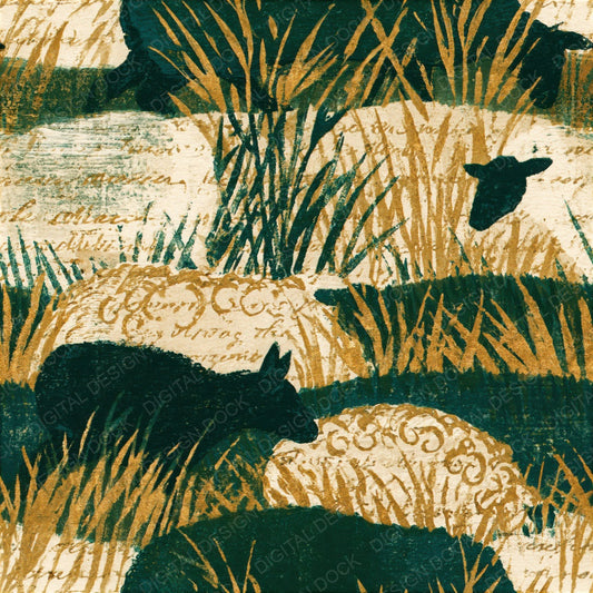 Woodblock Sheep Meadow Moss Seamless Digital Paper Pack (DDD012578)