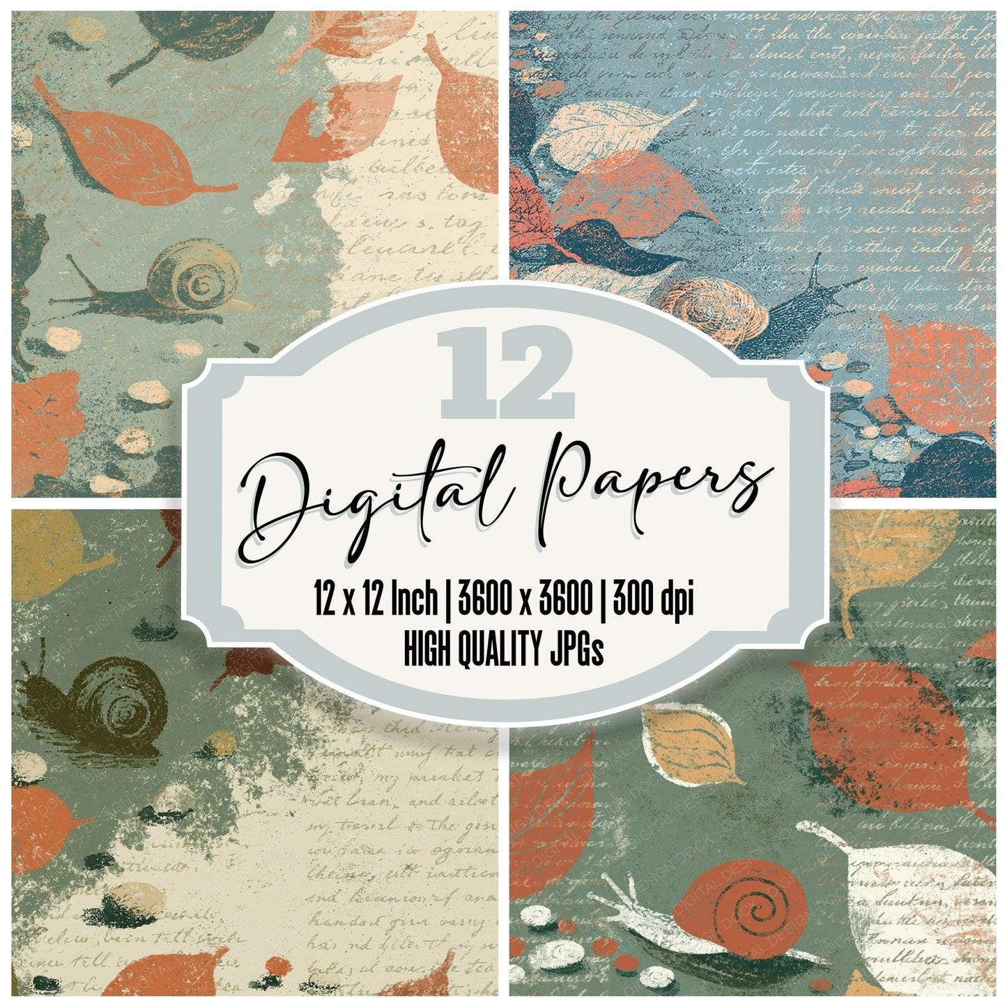 Woodblock Snail Pebble Clay Digital Paper Pack (DDD012579)