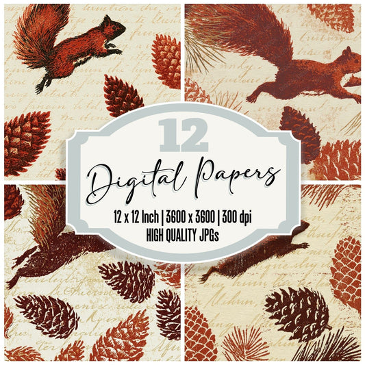 Woodblock Squirrel Pinecone Russet Digital Paper Pack (DDD012580)