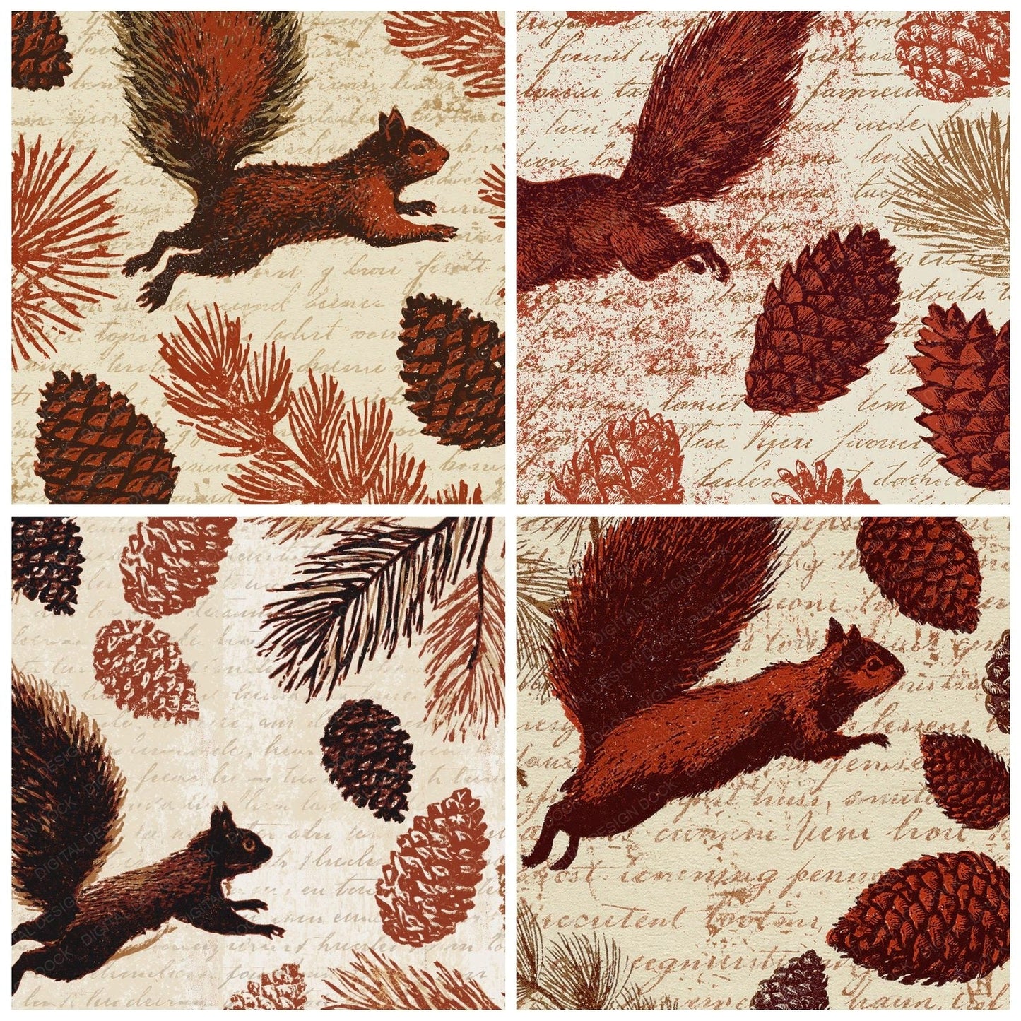 Woodblock Squirrel Pinecone Russet Digital Paper Pack (DDD012580)