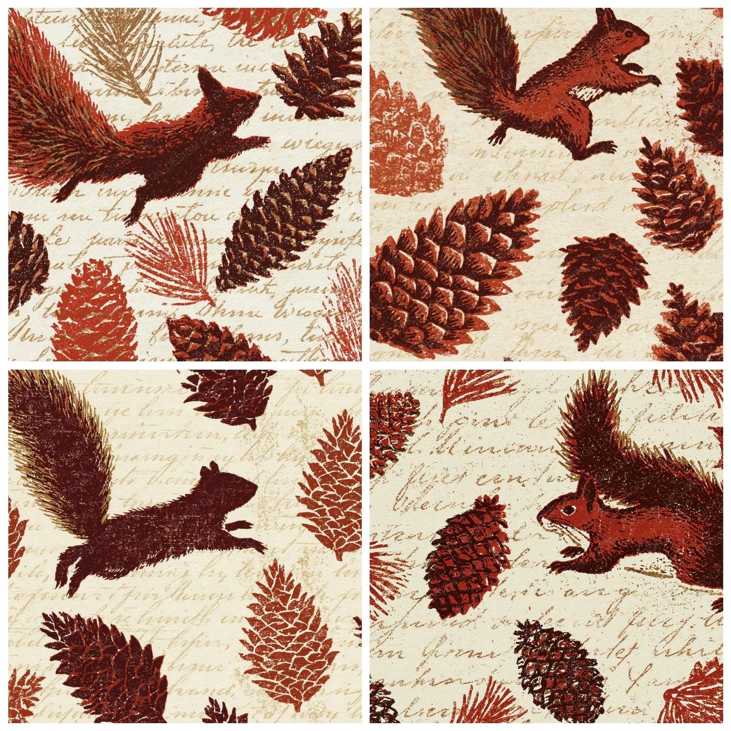 Woodblock Squirrel Pinecone Russet Digital Paper Pack (DDD012580)