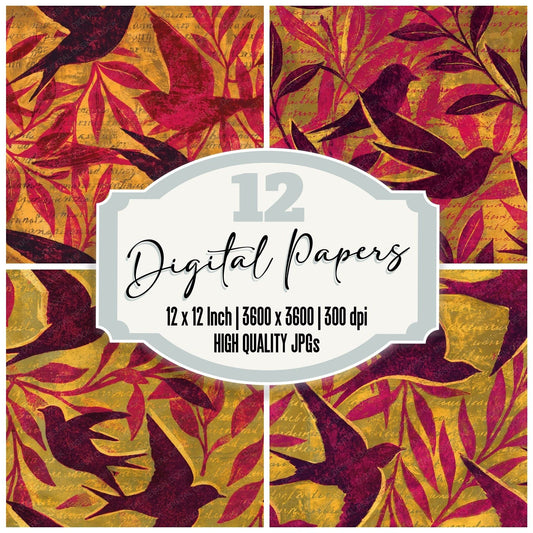 Woodblock Swallow Willow Raspberry Seamless Digital Paper Pack (DDD012581)