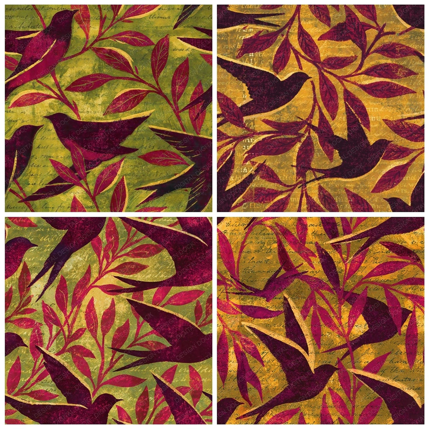 Woodblock Swallow Willow Raspberry Seamless Digital Paper Pack (DDD012581)