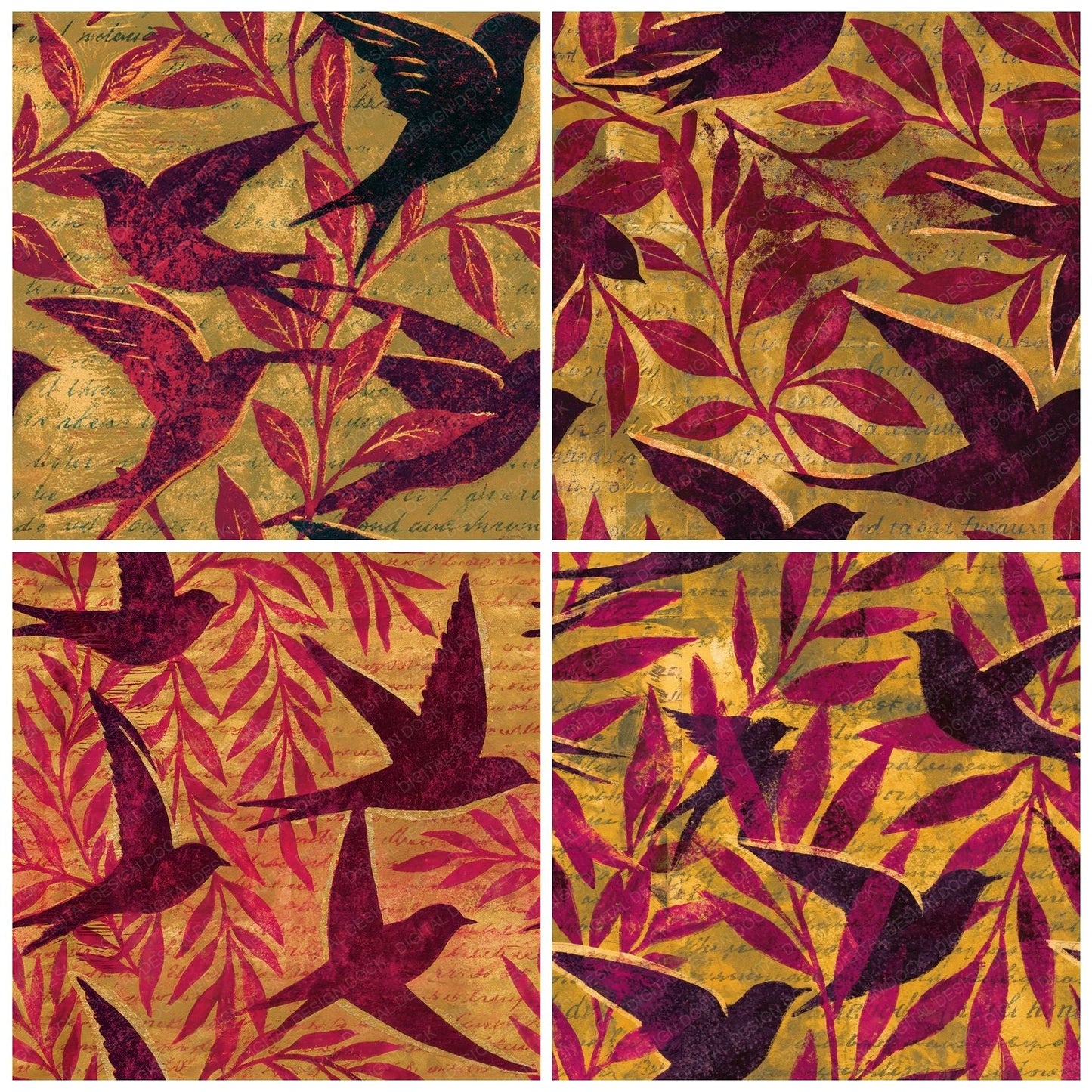 Woodblock Swallow Willow Raspberry Seamless Digital Paper Pack (DDD012581)