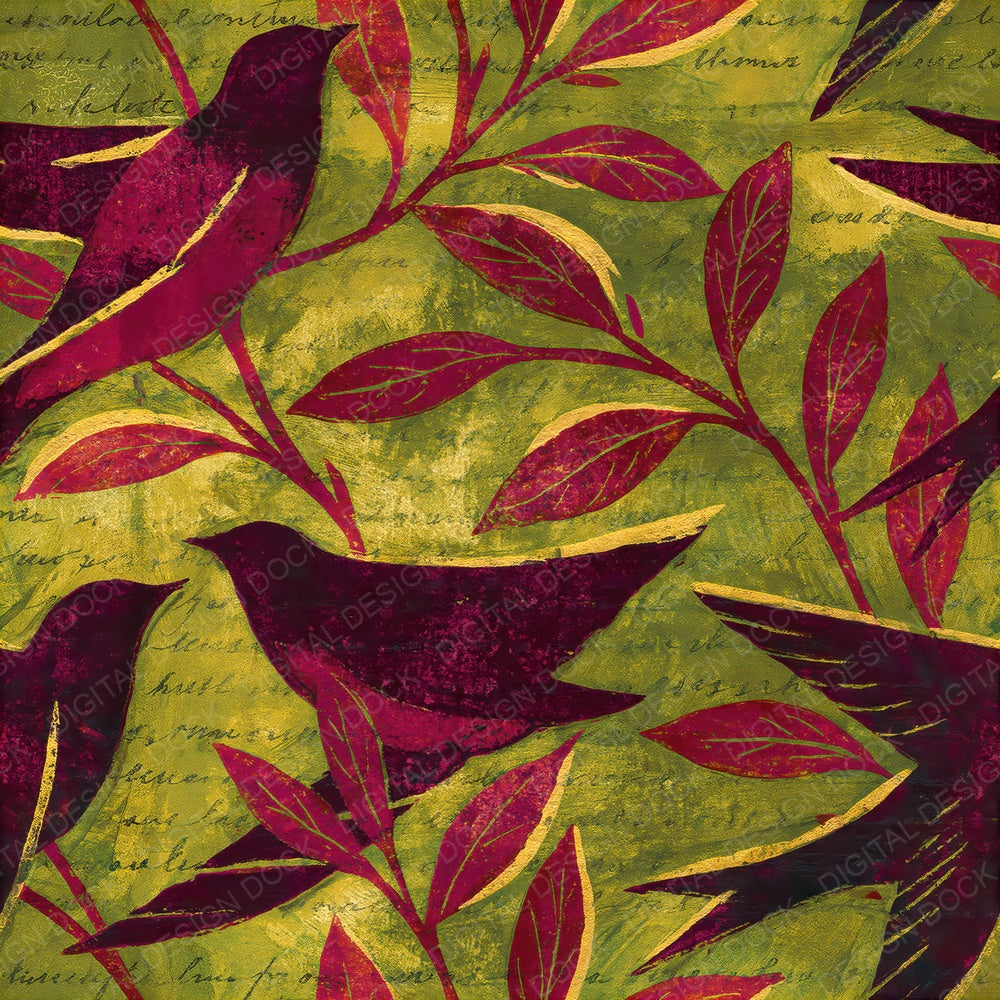 Woodblock Swallow Willow Raspberry Seamless Digital Paper Pack (DDD012581)