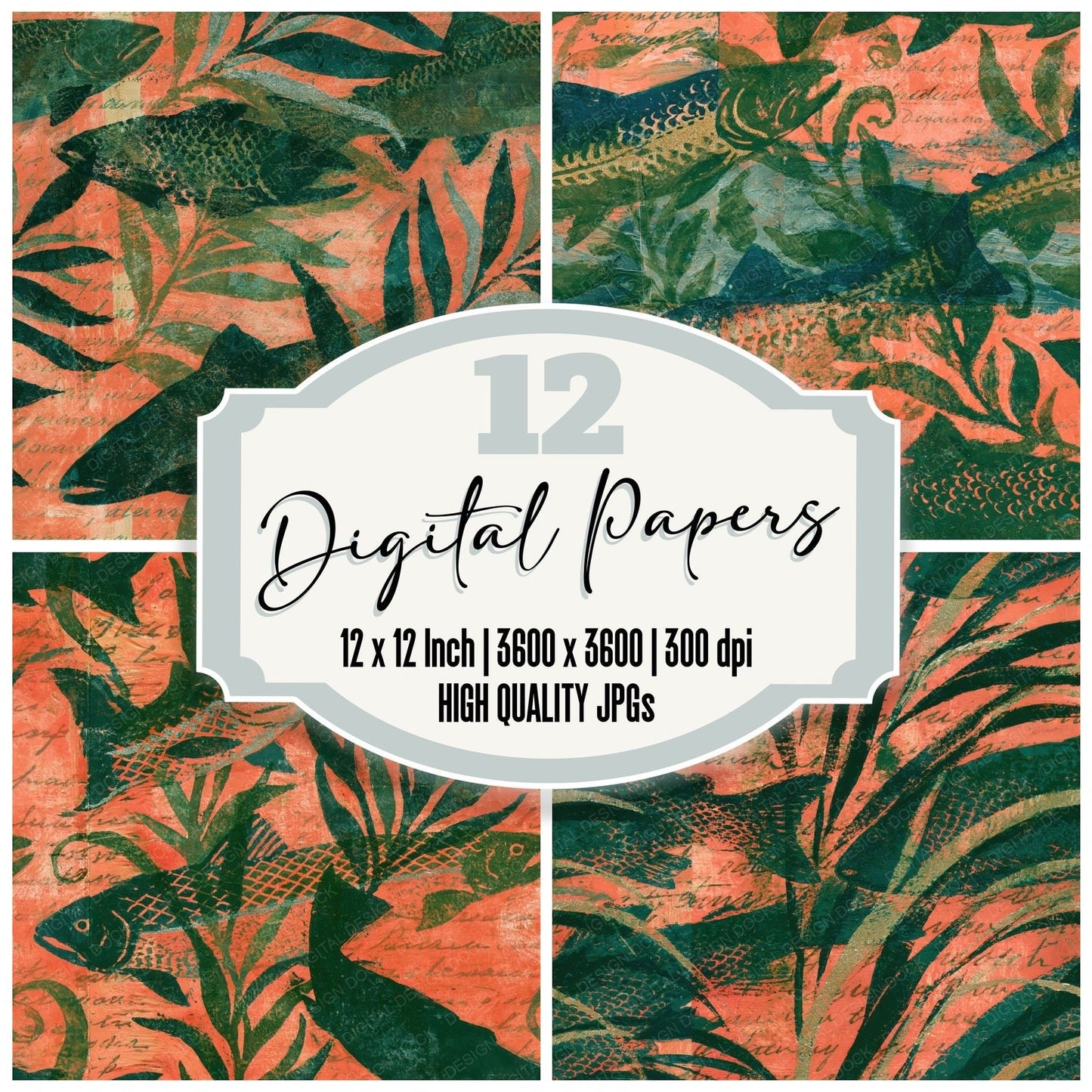 Woodblock Trout River Peach Seamless Digital Paper Pack (DDD012582)
