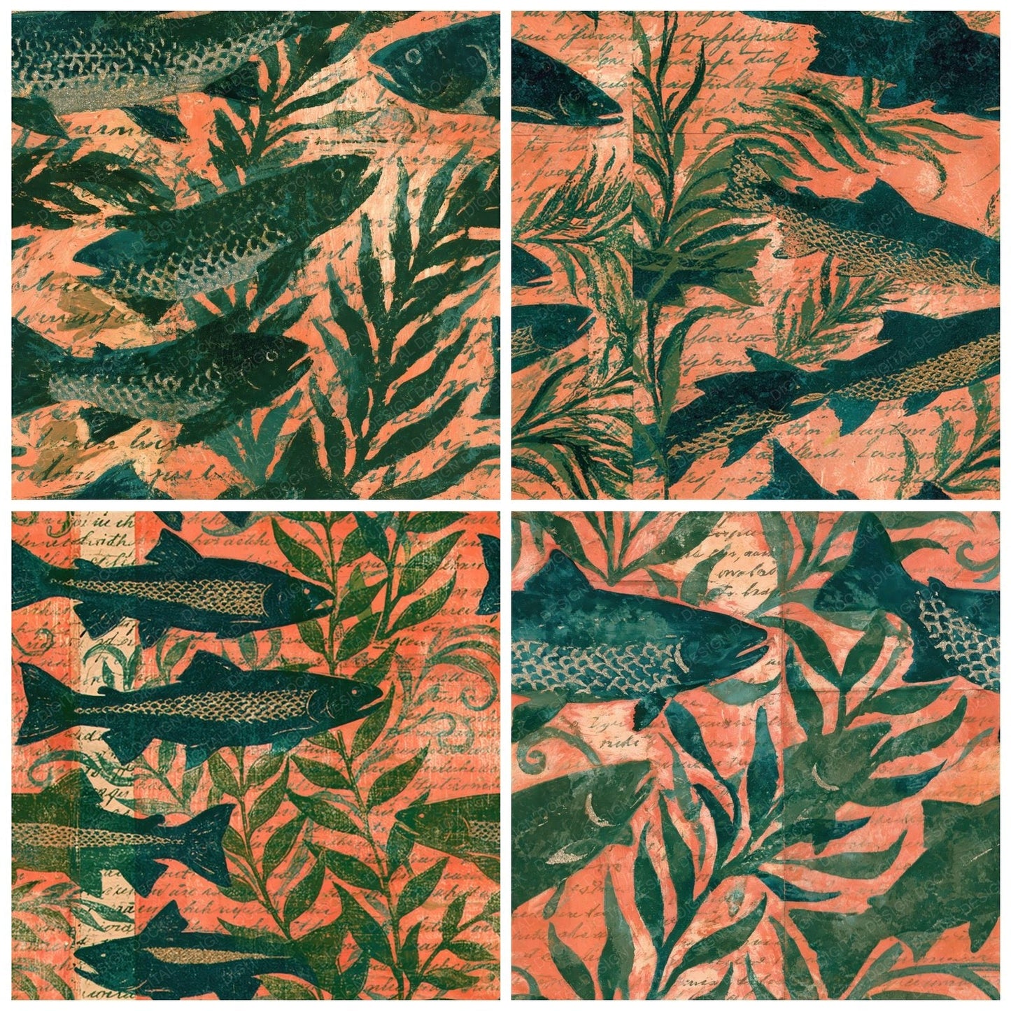 Woodblock Trout River Peach Seamless Digital Paper Pack (DDD012582)