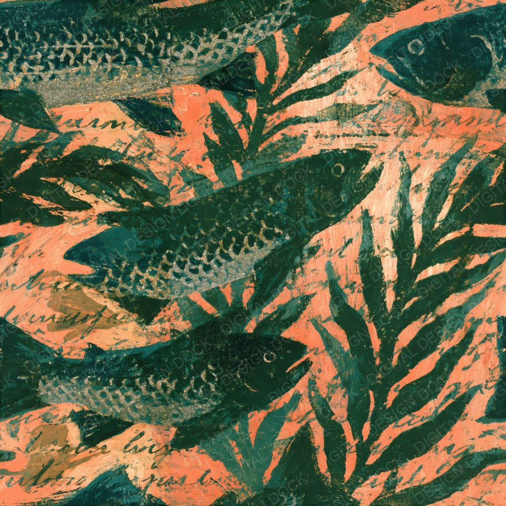 Woodblock Trout River Peach Seamless Digital Paper Pack (DDD012582)
