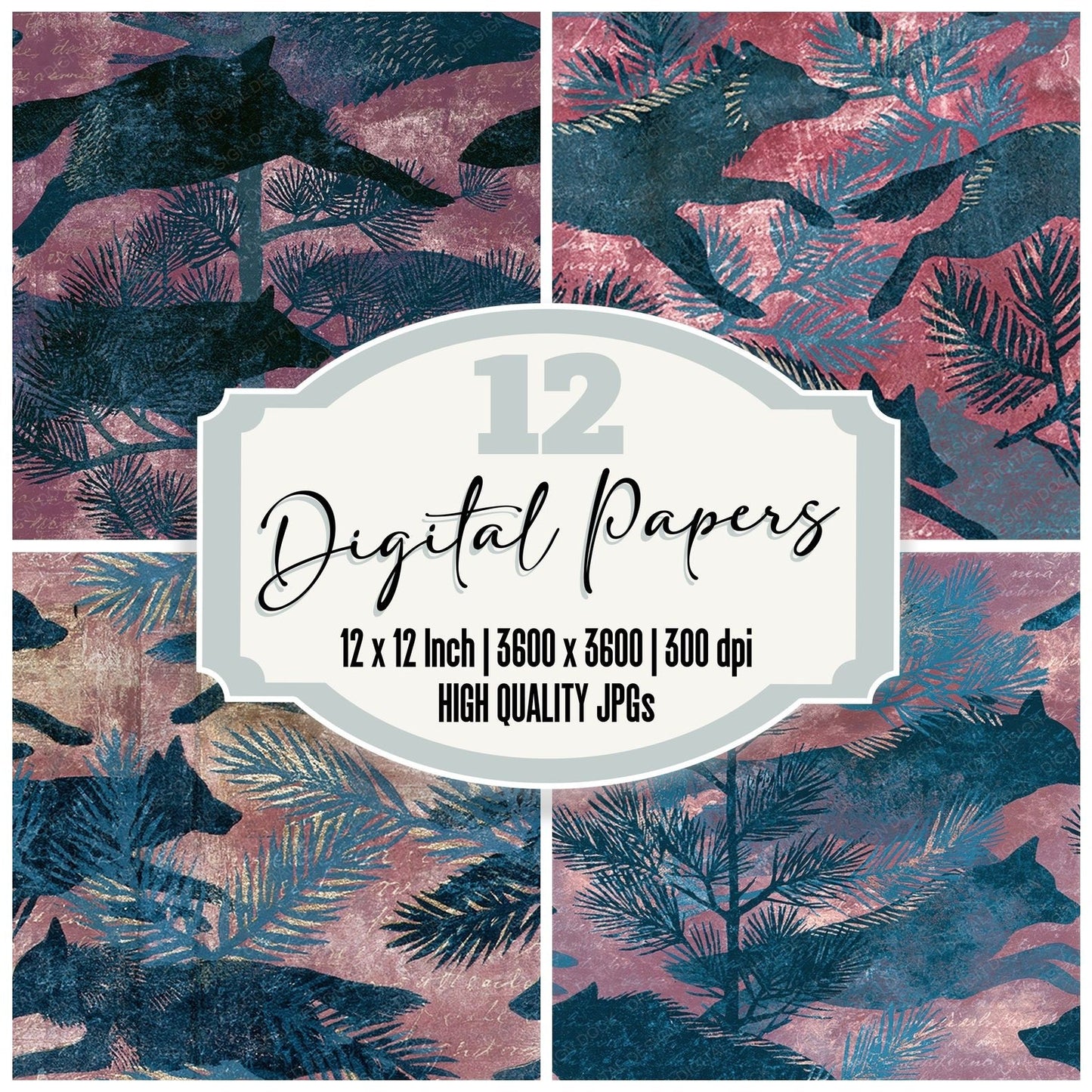 Woodblock Wolf Pine Slate Seamless Digital Paper Pack (DDD012583)