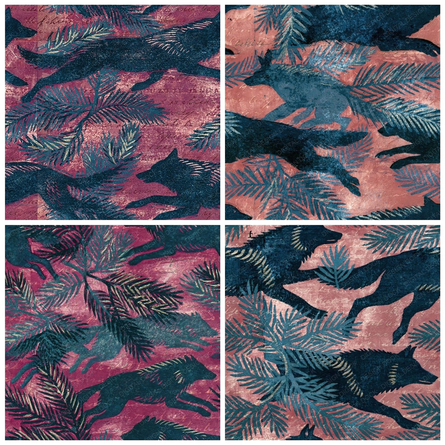 Woodblock Wolf Pine Slate Seamless Digital Paper Pack (DDD012583)
