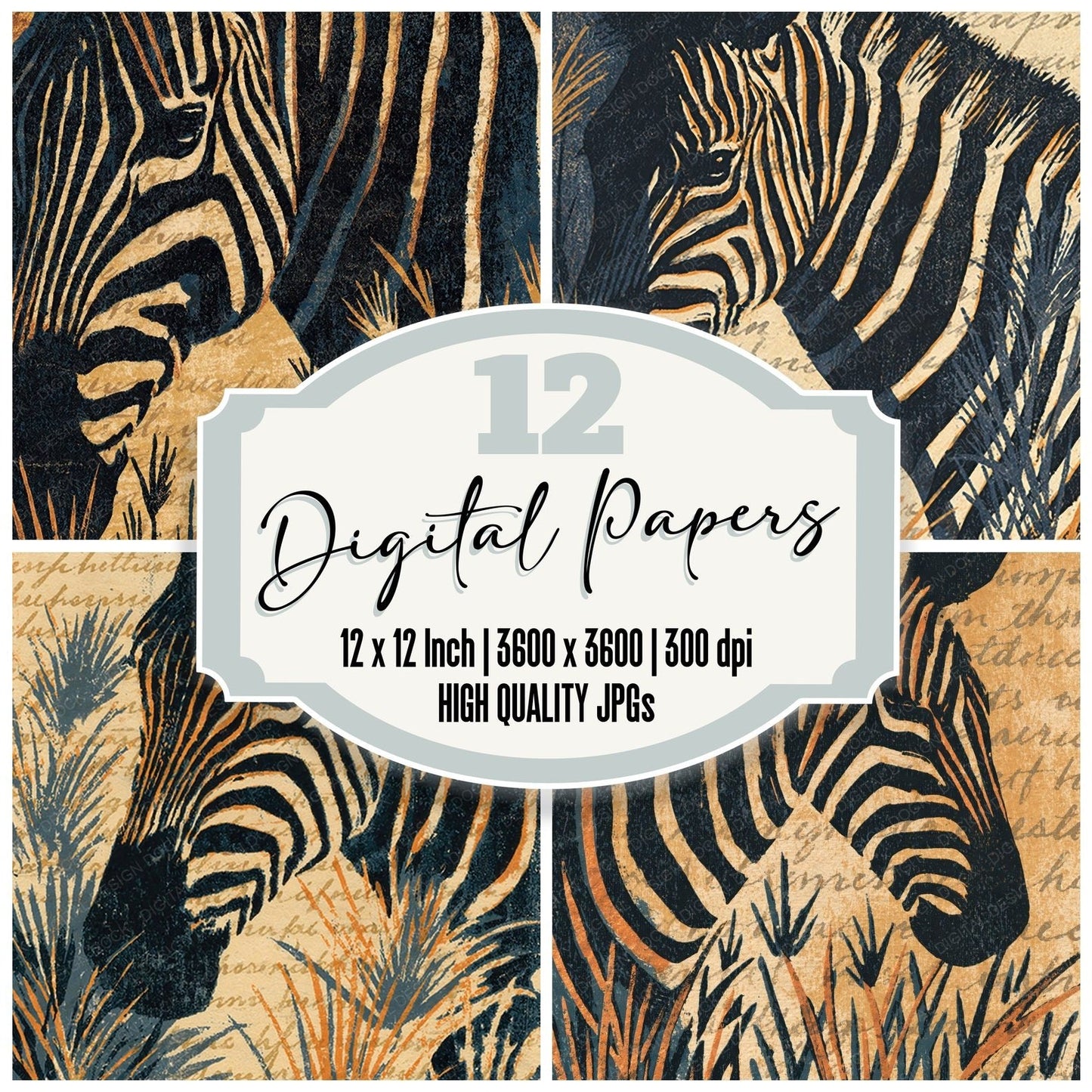 Woodblock Zebra Savannah Sand Digital Paper Pack (DDD012584)