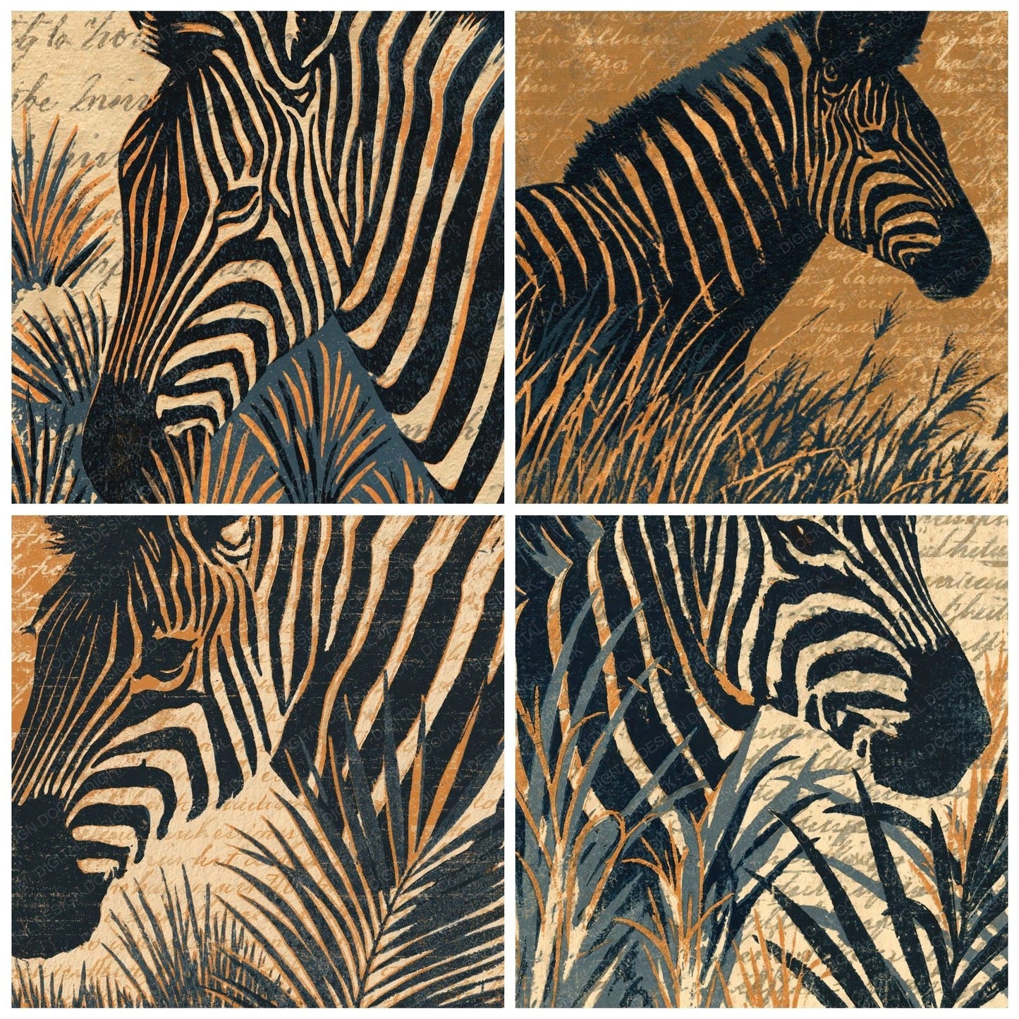 Woodblock Zebra Savannah Sand Digital Paper Pack (DDD012584)
