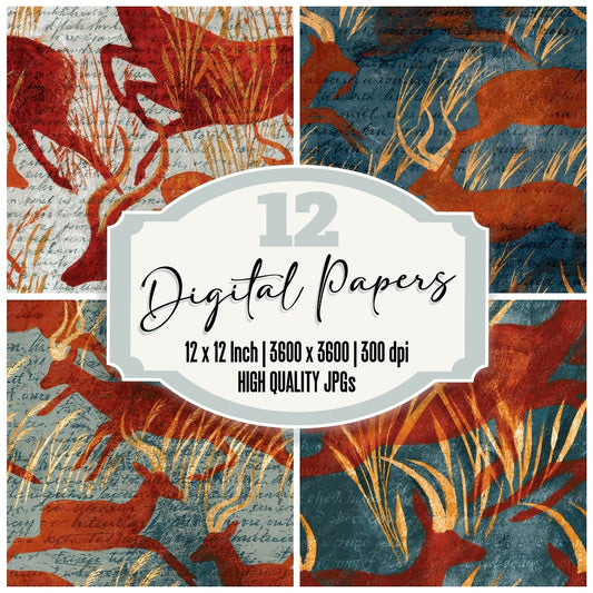 Woodblock Antelope Savannah Copper Seamless Digital Paper Pack (DDD012585)