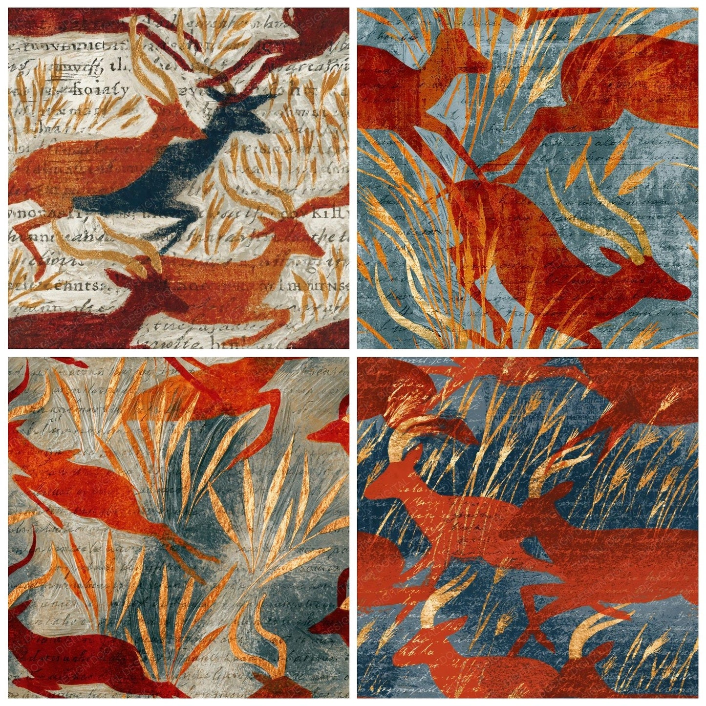 Woodblock Antelope Savannah Copper Seamless Digital Paper Pack (DDD012585)