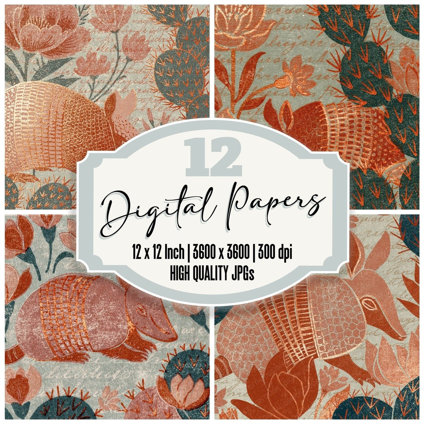 Woodblock Armadillo Cactus Clay Digital Paper Pack (DDD012586)