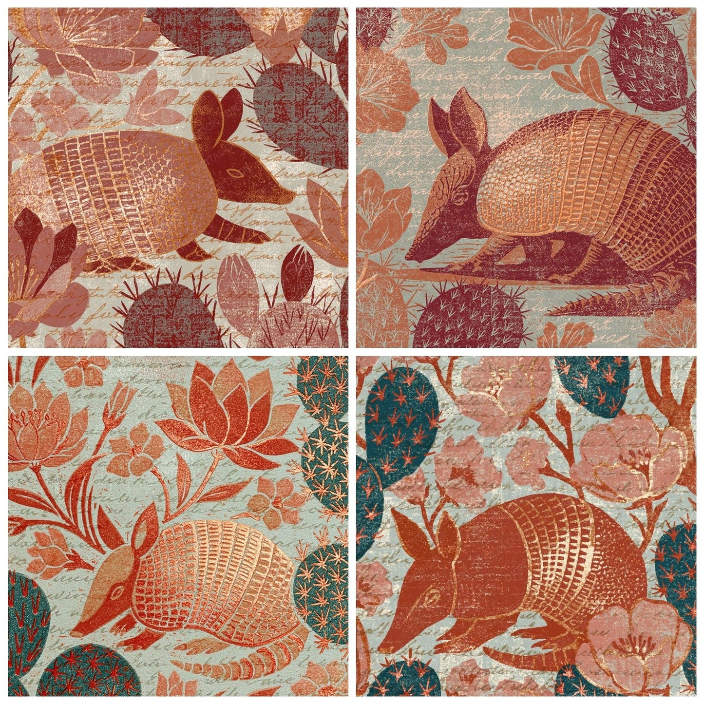Woodblock Armadillo Cactus Clay Digital Paper Pack (DDD012586)