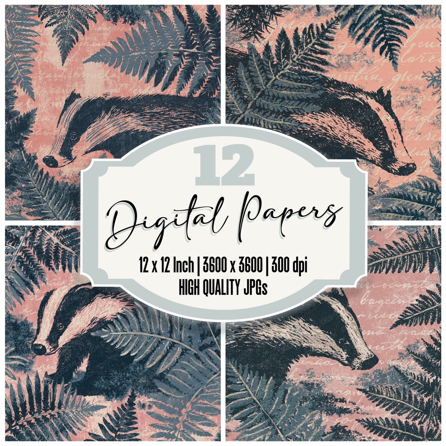 Woodblock Badger Fern Slate Digital Paper Pack (DDD012587)