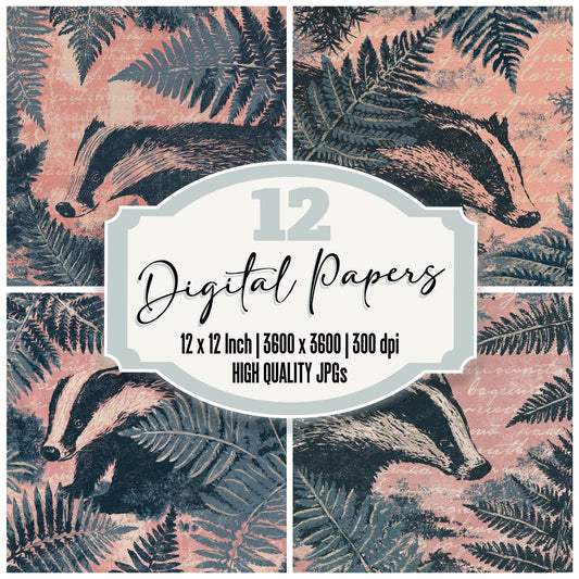 Woodblock Badger Fern Slate Digital Paper Pack (DDD012587)