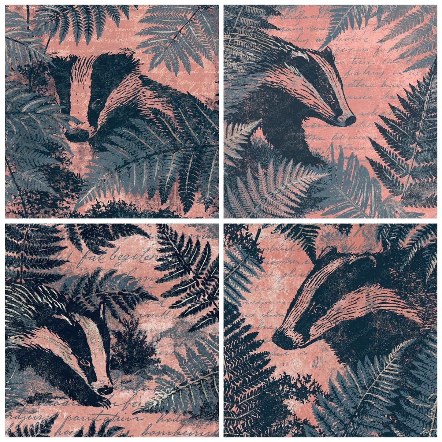Woodblock Badger Fern Slate Digital Paper Pack (DDD012587)