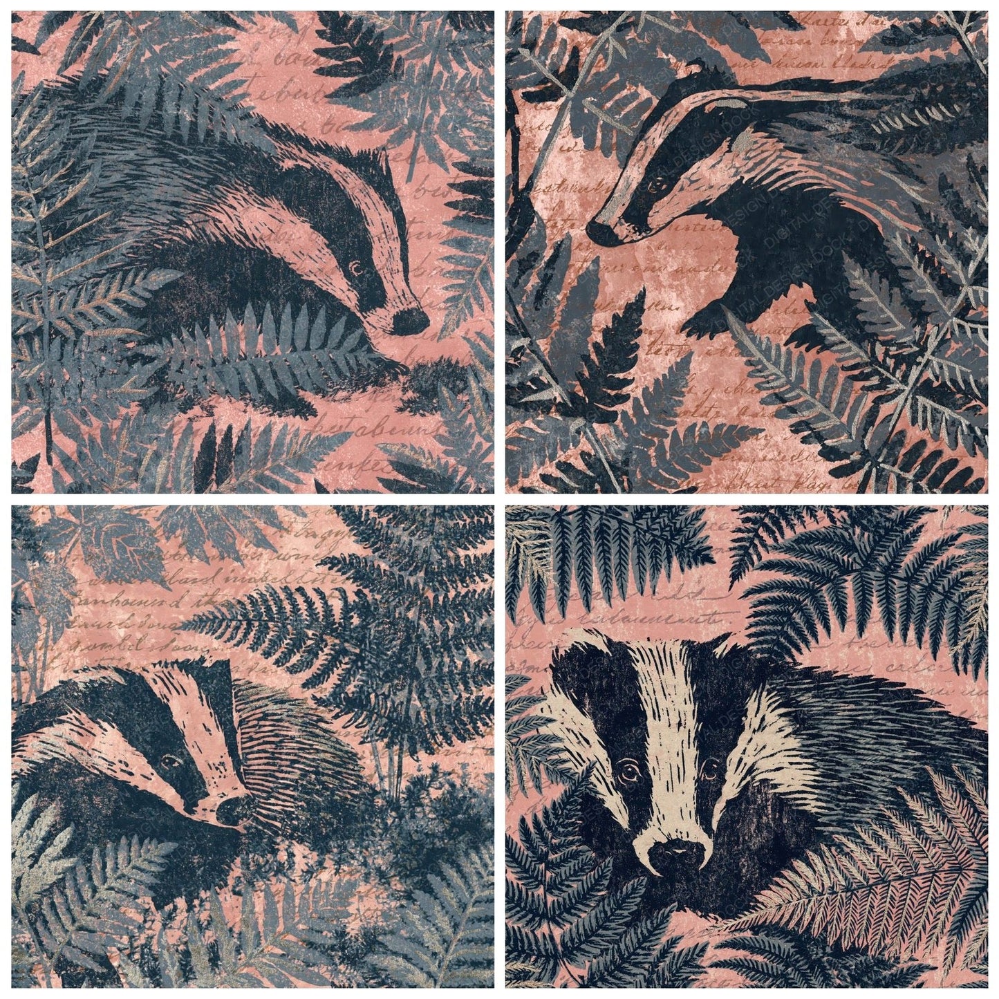 Woodblock Badger Fern Slate Digital Paper Pack (DDD012587)